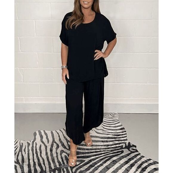 Black Short-Sleeve Top & Open side Wide-Leg Pants L #1804-C8 - Picture 1 of 11